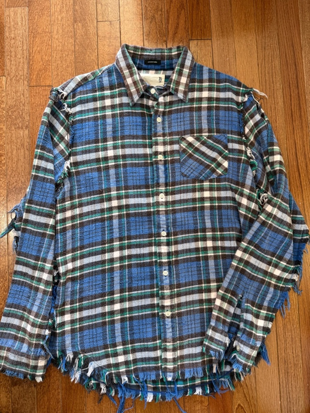 Women’s R13 Blue Green Plaid Distressed Button-Down Shirt - Medium